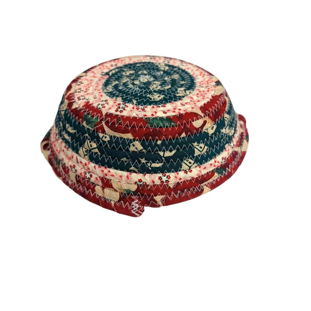 Handmade‎ Coiled Fabric Basket Vintage Americana Red White Blue Folk Art 8 inch